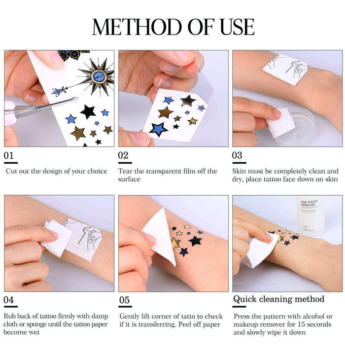 Flash Tattoos, Temporäre Klebe-Tattoos 16 Blätter Metallic Flash tattoos in Gold, Silber & Schwarz Temporäre Tätowierung Wasserdichte