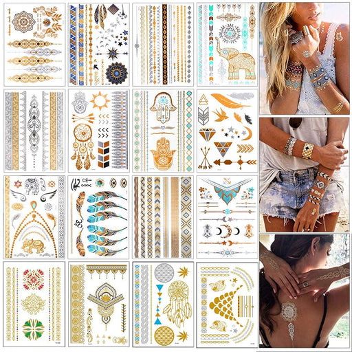 Flash Tattoos, Temporäre Klebe-Tattoos 16 Blätter Metallic Flash tattoos in Gold, Silber & Schwarz Temporäre Tätowierung Wasserdichte