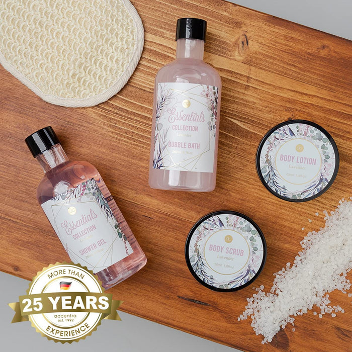 Floral Dreams im Holzkorb Bade-, SPA und Dusch Set Lavendel Duft – 7-teiliges Geschenk set in dekorativem Korb aus Holz