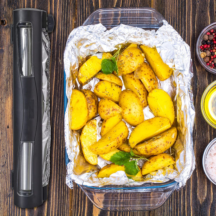 Folienschneider 2er Set, für Alu- & Frischhaltefolie, Sichtfenster, glattes Abtrennen, Folienabroller, schwarz, 5 x 37 x 8 cm