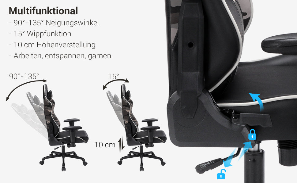 Gaming Stuhl, Bürostuhl, ergonomischer Schreibtischstuhl, verstellbare Rückenlehne, Armlehnen, Kopf- und Lendenkissen, schwarz-Tarnfarben