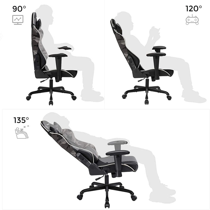 Gaming Stuhl, Bürostuhl, ergonomischer Schreibtischstuhl, verstellbare Rückenlehne, Armlehnen, Kopf- und Lendenkissen, schwarz-Tarnfarben