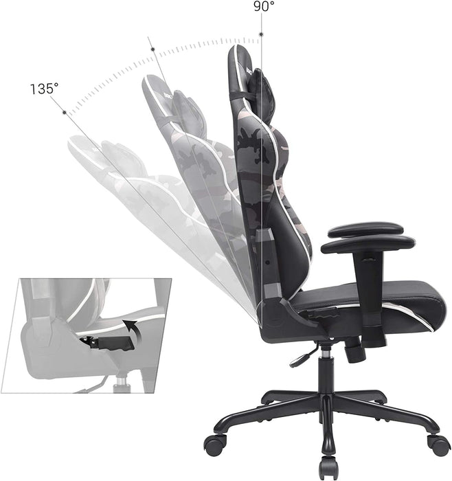 Gaming Stuhl, Bürostuhl, ergonomischer Schreibtischstuhl, verstellbare Rückenlehne, Armlehnen, Kopf- und Lendenkissen, schwarz-Tarnfarben