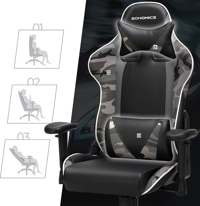 Gaming Stuhl, Bürostuhl, ergonomischer Schreibtischstuhl, verstellbare Rückenlehne, Armlehnen, Kopf- und Lendenkissen, schwarz-Tarnfarben