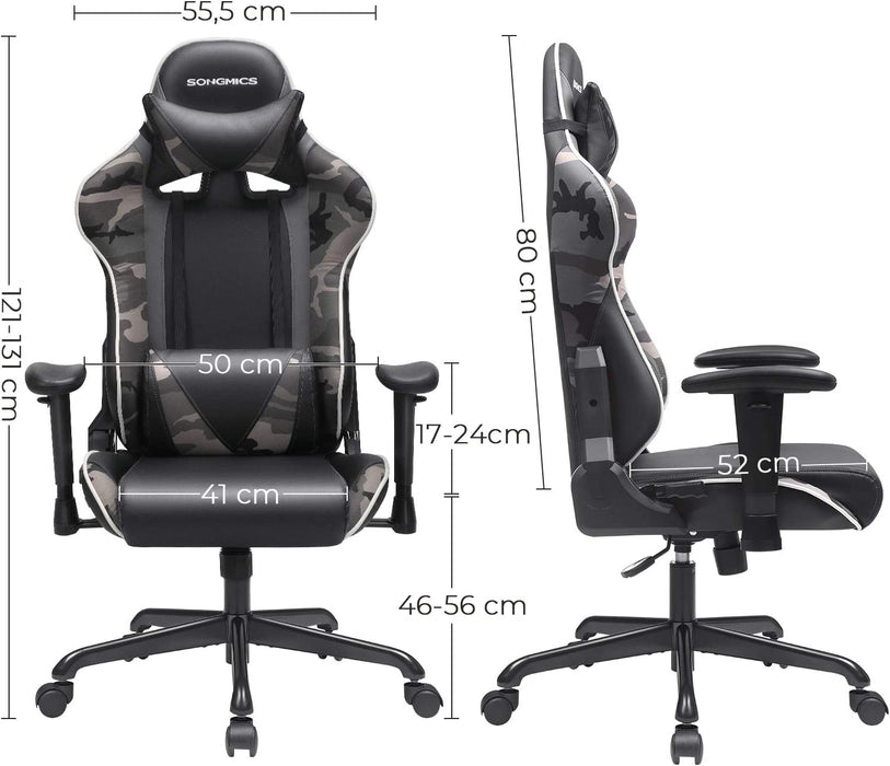 Gaming Stuhl, Bürostuhl, ergonomischer Schreibtischstuhl, verstellbare Rückenlehne, Armlehnen, Kopf- und Lendenkissen, schwarz-Tarnfarben