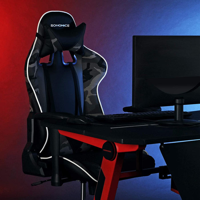 Gaming Stuhl, Bürostuhl, ergonomischer Schreibtischstuhl, verstellbare Rückenlehne, Armlehnen, Kopf- und Lendenkissen, schwarz-Tarnfarben