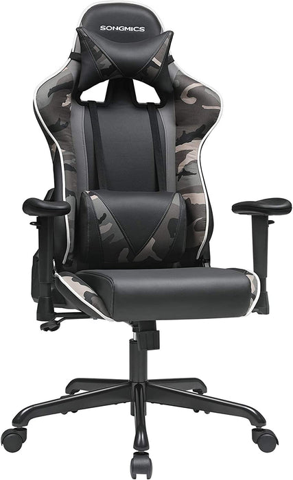 Gaming Stuhl, Bürostuhl, ergonomischer Schreibtischstuhl, verstellbare Rückenlehne, Armlehnen, Kopf- und Lendenkissen, schwarz-Tarnfarben