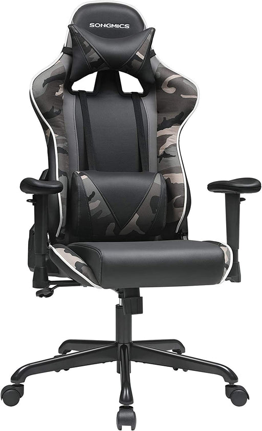 Gaming Stuhl, Bürostuhl, ergonomischer Schreibtischstuhl, verstellbare Rückenlehne, Armlehnen, Kopf- und Lendenkissen, schwarz-Tarnfarben
