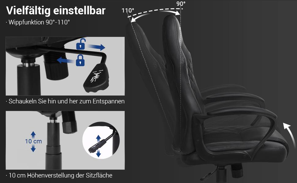 Gamingstuhl, Bürostuhl mit Wippfunktion, Racing Chair, ergonomisch, S-förmige Rückenlehne, gut für die Lendenwirbelsäule, bis 150 kg belastbar