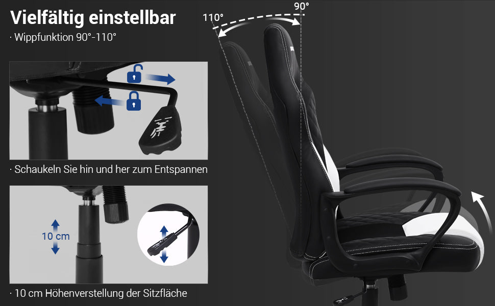 Gamingstuhl, Bürostuhl mit Wippfunktion, Racing Chair, ergonomisch, S-förmige Rückenlehne, gut für die Lendenwirbelsäule, bis 150 kg belastbar