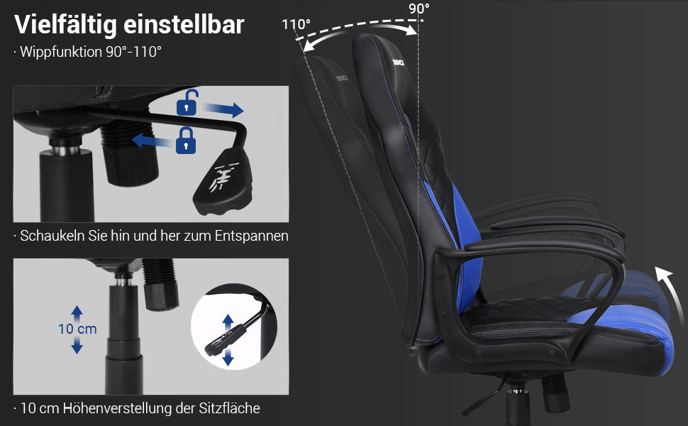 Gamingstuhl, Bürostuhl mit Wippfunktion, Racing Chair, ergonomisch, S-förmige Rückenlehne, gut für die Lendenwirbelsäule, bis 150 kg belastbar