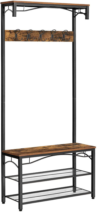 Garderobe mit Ablage im oberen Bereich, Schuhregal mit Sitzfläche, Garderobenständer mit 5 Doppelhaken und Sitzbank, Flur, Eingangsbereich, aus Metall