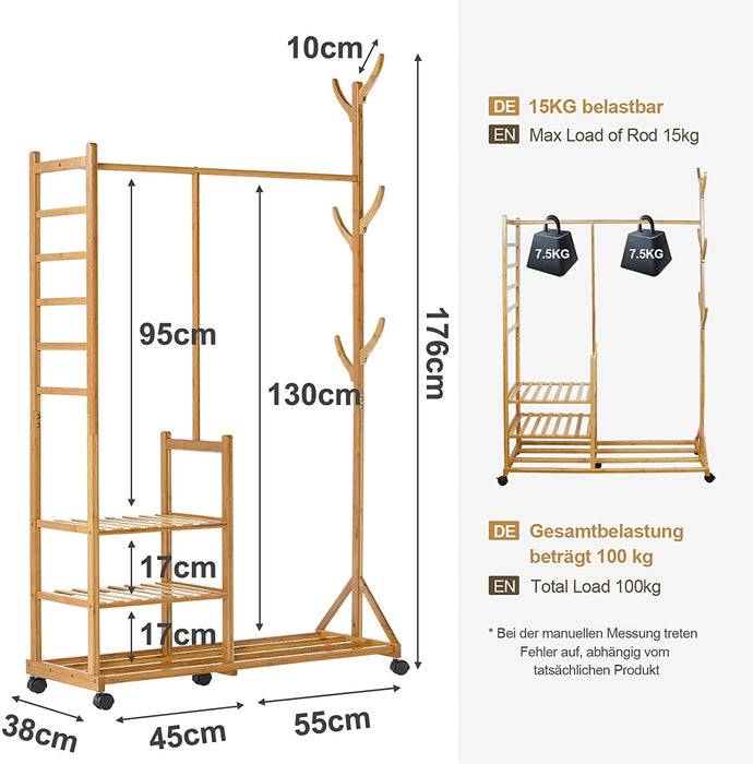 Garderobenständer Bambus Kleiderständer mit Rollen, mit Kleiderstange, 3 Ablagen und 6 Haken, Baumform, 100 x 38 x 176 cm, Natur