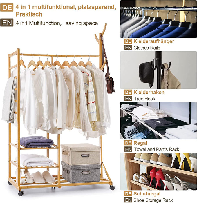 Garderobenständer Bambus Kleiderständer mit Rollen, mit Kleiderstange, 3 Ablagen und 6 Haken, Baumform, 100 x 38 x 176 cm, Natur