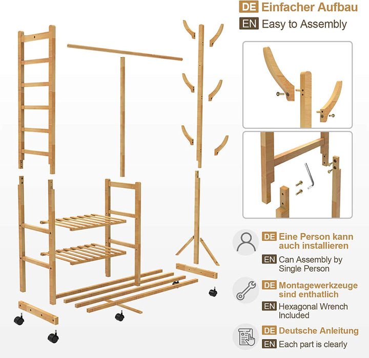 Garderobenständer Bambus Kleiderständer mit Rollen, mit Kleiderstange, 3 Ablagen und 6 Haken, Baumform, 100 x 38 x 176 cm, Natur