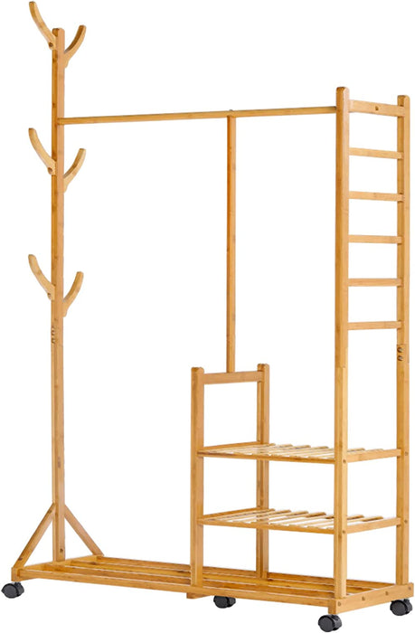 Garderobenständer Bambus Kleiderständer mit Rollen, mit Kleiderstange, 3 Ablagen und 6 Haken, Baumform, 100 x 38 x 176 cm, Natur