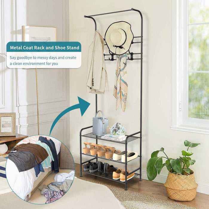 Garderobenständer Kleiderständer Garderobe Metall mit Schuhregal 3 Ablagen mit 16 Hakenaus bis 30kg Schwarz