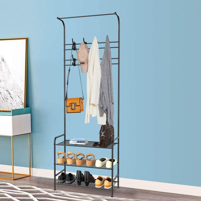 Garderobenständer Kleiderständer Garderobe Metall mit Schuhregal 3 Ablagen mit 16 Hakenaus bis 30kg Schwarz