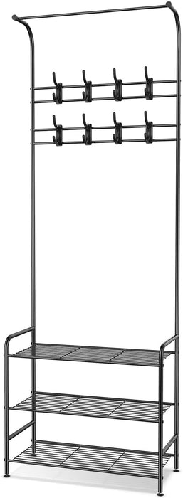 Garderobenständer Kleiderständer Garderobe Metall mit Schuhregal 3 Ablagen mit 16 Hakenaus bis 30kg Schwarz