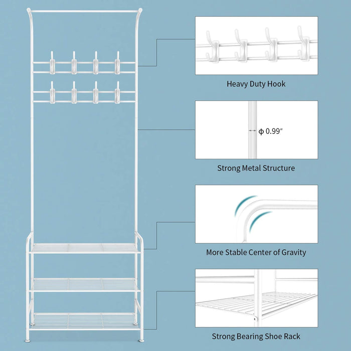 Garderobenständer Kleiderständer Garderobe Metall mit Schuhregal 3 Ablagen mit 8 Hakenaus bis 30kg Weiß