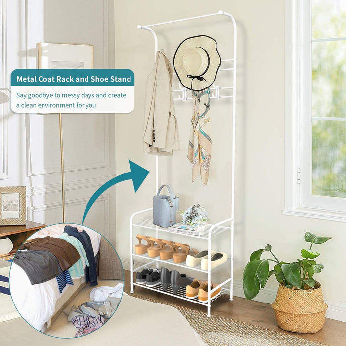 Garderobenständer Kleiderständer Garderobe Metall mit Schuhregal 3 Ablagen mit 8 Hakenaus bis 30kg Weiß