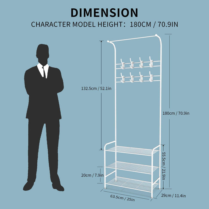 Garderobenständer Kleiderständer Garderobe Metall mit Schuhregal 3 Ablagen mit 8 Hakenaus bis 30kg Weiß