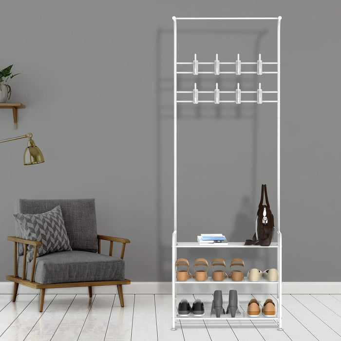 Garderobenständer Kleiderständer Garderobe Metall mit Schuhregal 3 Ablagen mit 8 Hakenaus bis 30kg Weiß