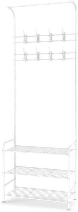 Garderobenständer Kleiderständer Garderobe Metall mit Schuhregal 3 Ablagen mit 8 Hakenaus bis 30kg Weiß