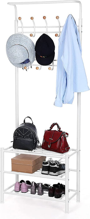Garderobenständer Kleiderständer Rohrdurchmesser 32 mm mit 3 schuhablagen mit 18 Haken aus Metall, weiß