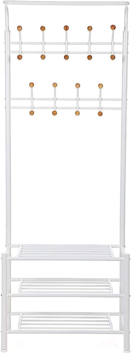 Garderobenständer Kleiderständer Rohrdurchmesser 32 mm mit 3 schuhablagen mit 18 Haken aus Metall, weiß