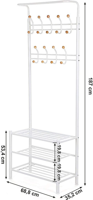 Garderobenständer Kleiderständer Rohrdurchmesser 32 mm mit 3 schuhablagen mit 18 Haken aus Metall, weiß