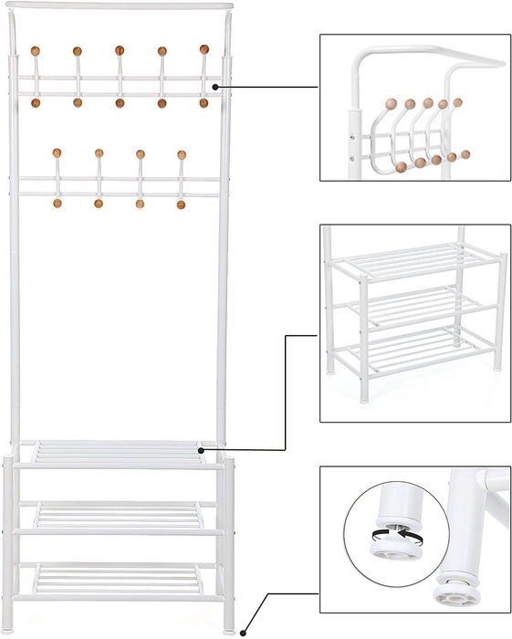 Garderobenständer Kleiderständer Rohrdurchmesser 32 mm mit 3 schuhablagen mit 18 Haken aus Metall, weiß