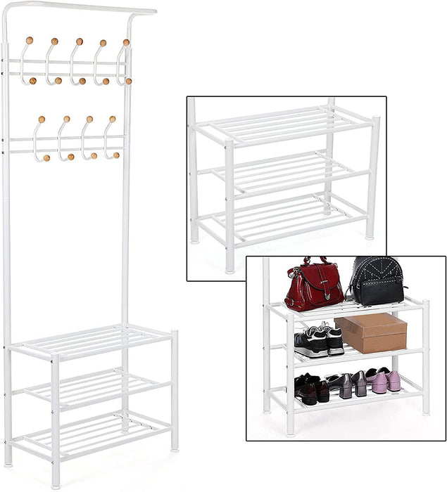 Garderobenständer Kleiderständer Rohrdurchmesser 32 mm mit 3 schuhablagen mit 18 Haken aus Metall, weiß