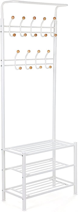 Garderobenständer Kleiderständer Rohrdurchmesser 32 mm mit 3 schuhablagen mit 18 Haken aus Metall, weiß