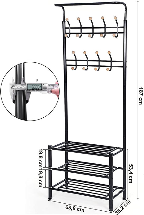 Garderobenständer Kleiderständer mit 3 schuhablagen mit 18 haken, Metall, schwarz, 68,8 x 35,2 x 187 cm