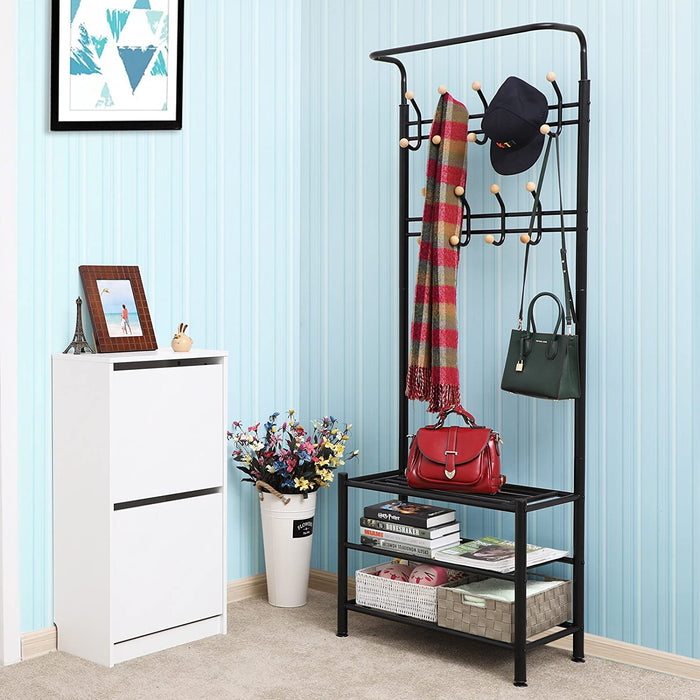 Garderobenständer Kleiderständer mit 3 schuhablagen mit 18 haken, Metall, schwarz, 68,8 x 35,2 x 187 cm