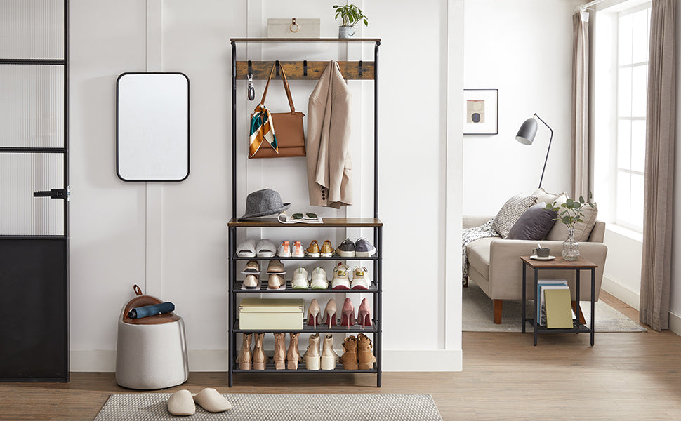 Garderobenständer, Kleiderständer, Schuhregal, Garderobe mit 5 Doppelhaken, 5 Ebenen, eine Ablage Oben, für Wohnungen, Schlafzimmer, Flur