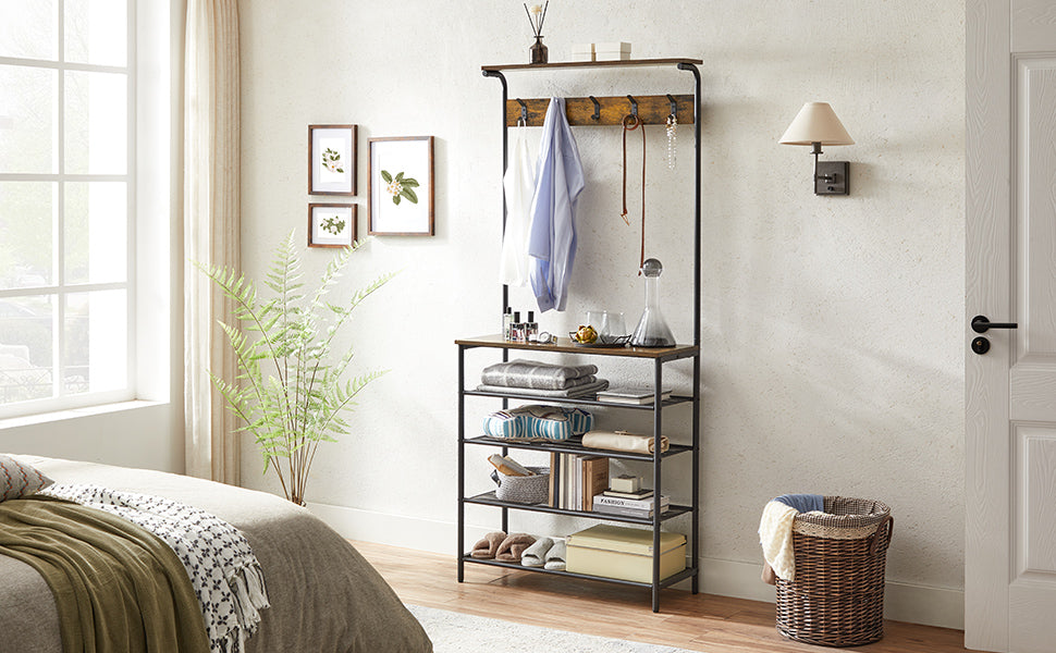 Garderobenständer, Kleiderständer, Schuhregal, Garderobe mit 5 Doppelhaken, 5 Ebenen, eine Ablage Oben, für Wohnungen, Schlafzimmer, Flur