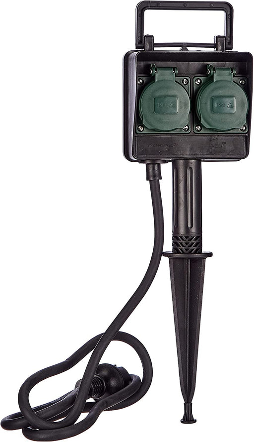 Garten-Steckdose / Außensteckdose 2-Fach mit Erdspieß (witterungsbeständiger Kunststoff, Steckdose für außen mit wasserfestem Gehäuse, 1,4m Kabel) 
