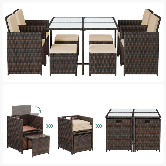 Gartenmöbel-Set Polyrattan Lounge, Esszimmermöbel, Esstisch und Stühle, 9er Set, aus PE-Rattan, Terrassenmöbel, Couchtisch mit Glasoberfläche, mit Kissen