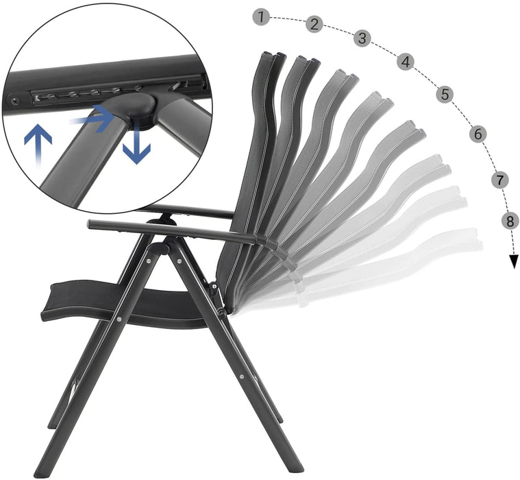 Gartenstühle, 2er Set, Klappstuhl, Outdoor-Stühle mit robustem Aluminiumgestell, Rückenlehne 8-stufig verstellbar, bis 150 kg belastbar, schwarz