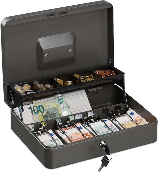 Geldkassette abschließbar, Münzeinsatz, 4 Scheinfächer, Geldkasse Eisen,  Kasse HBT 8,5 x 30,5 x 24,5 cm, grau