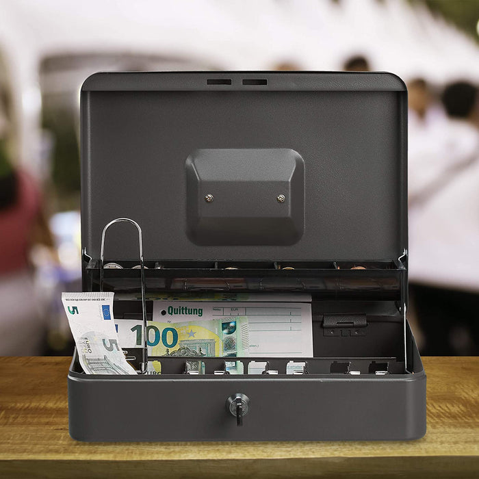 Geldkassette abschließbar, Münzeinsatz, 4 Scheinfächer, Geldkasse Eisen, Kasse HBT 8,5 x 30,5 x 24,5 cm, grau