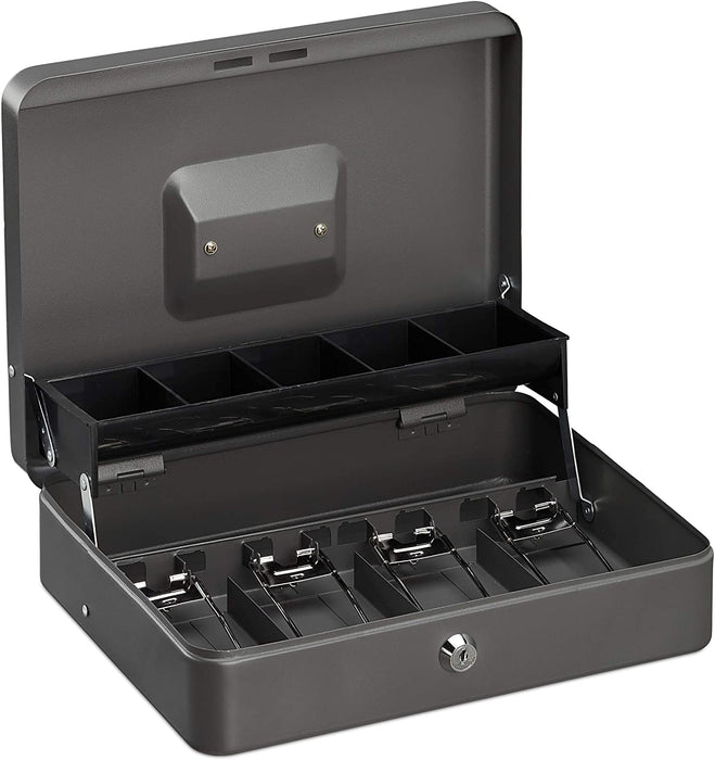 Geldkassette abschließbar, Münzeinsatz, 4 Scheinfächer, Geldkasse Eisen, Kasse HBT 8,5 x 30,5 x 24,5 cm, grau