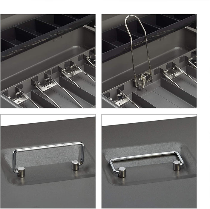 Geldkassette abschließbar, Münzeinsatz, 4 Scheinfächer, Geldkasse Eisen, Kasse HBT 8,5 x 30,5 x 24,5 cm, grau