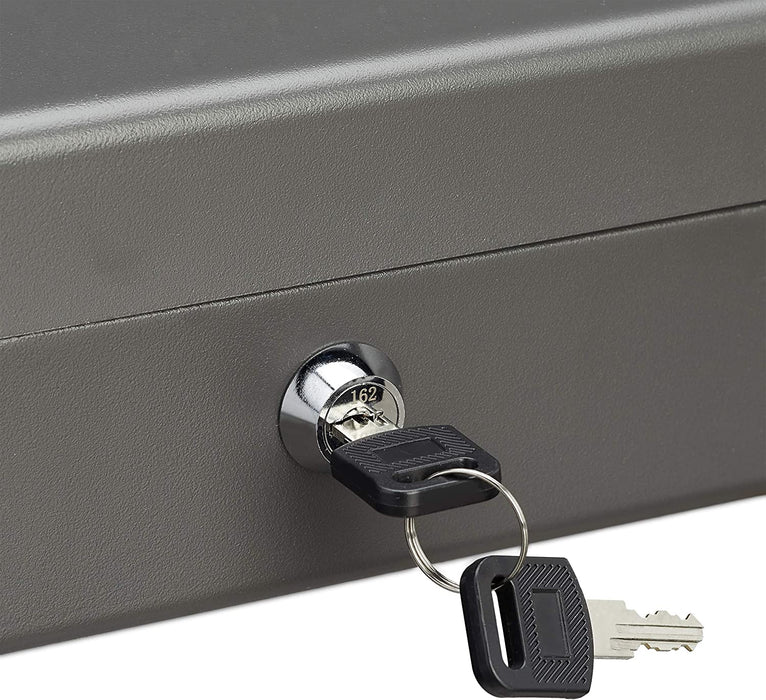 Geldkassette abschließbar, Münzeinsatz, 4 Scheinfächer, Geldkasse Eisen, Kasse HBT 8,5 x 30,5 x 24,5 cm, grau