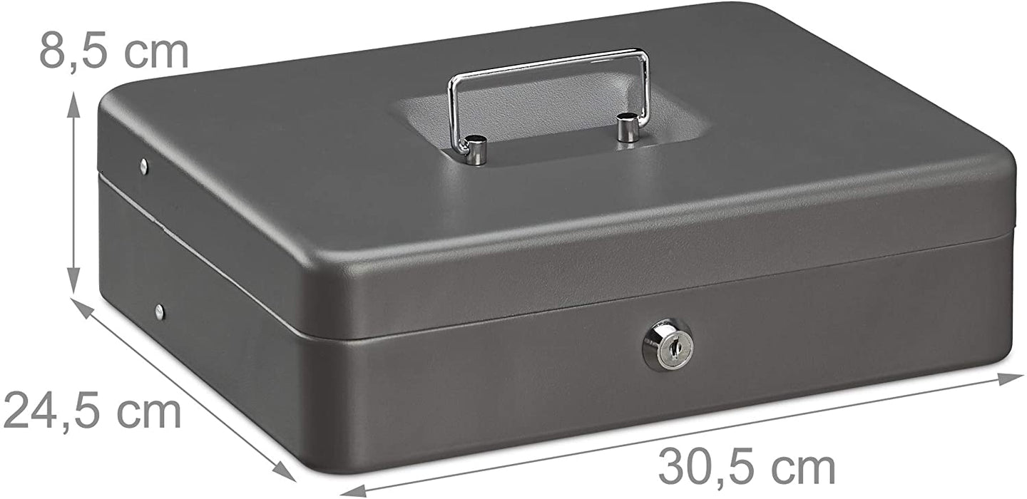 Geldkassette abschließbar, Münzeinsatz, 4 Scheinfächer, Geldkasse Eisen, Kasse HBT 8,5 x 30,5 x 24,5 cm, grau