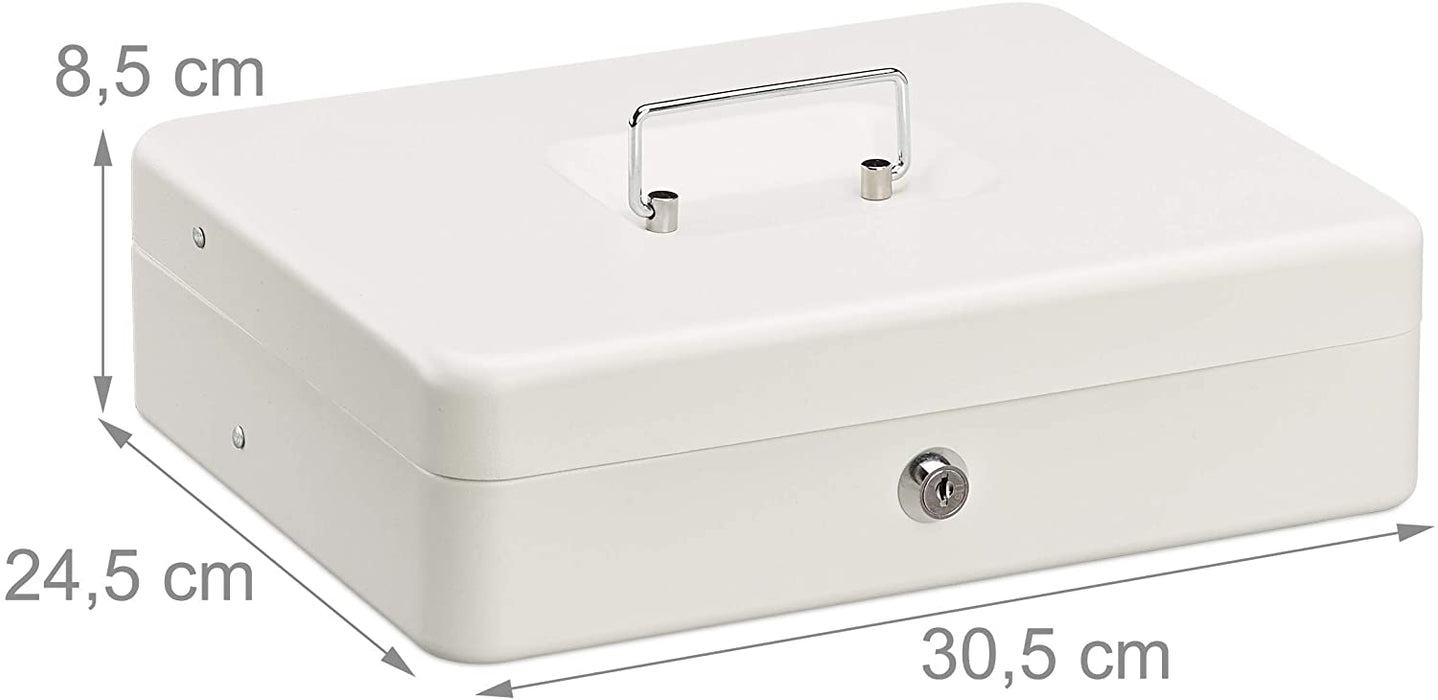 vGeldkassette abschließbar, Münzeinsatz, 4 Scheinfächer, Geldkasse Eisen, Kasse HBT 8,5 x 30,5 x 24,5 cm, weiß