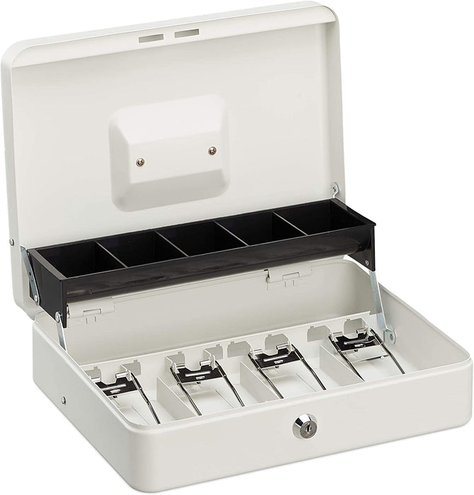 Geldkassette abschließbar, Münzeinsatz, 4 Scheinfächer, Geldkasse Eisen, Kasse HBT 8,5 x 30,5 x 24,5 cm, weiß