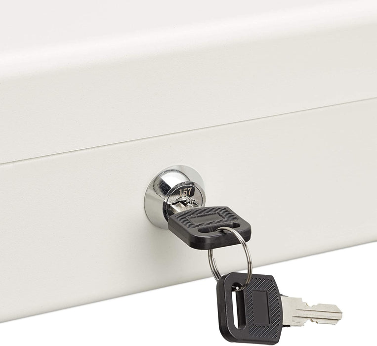 Geldkassette abschließbar, Münzeinsatz, 4 Scheinfächer, Geldkasse Eisen, Kasse HBT 8,5 x 30,5 x 24,5 cm, weiß